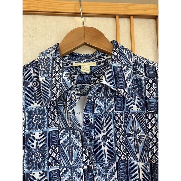Appleseeds Women’s SM Blue Crinkled Cotton Geometric Print Button Down Shirt NWT - Picture 10 of 12